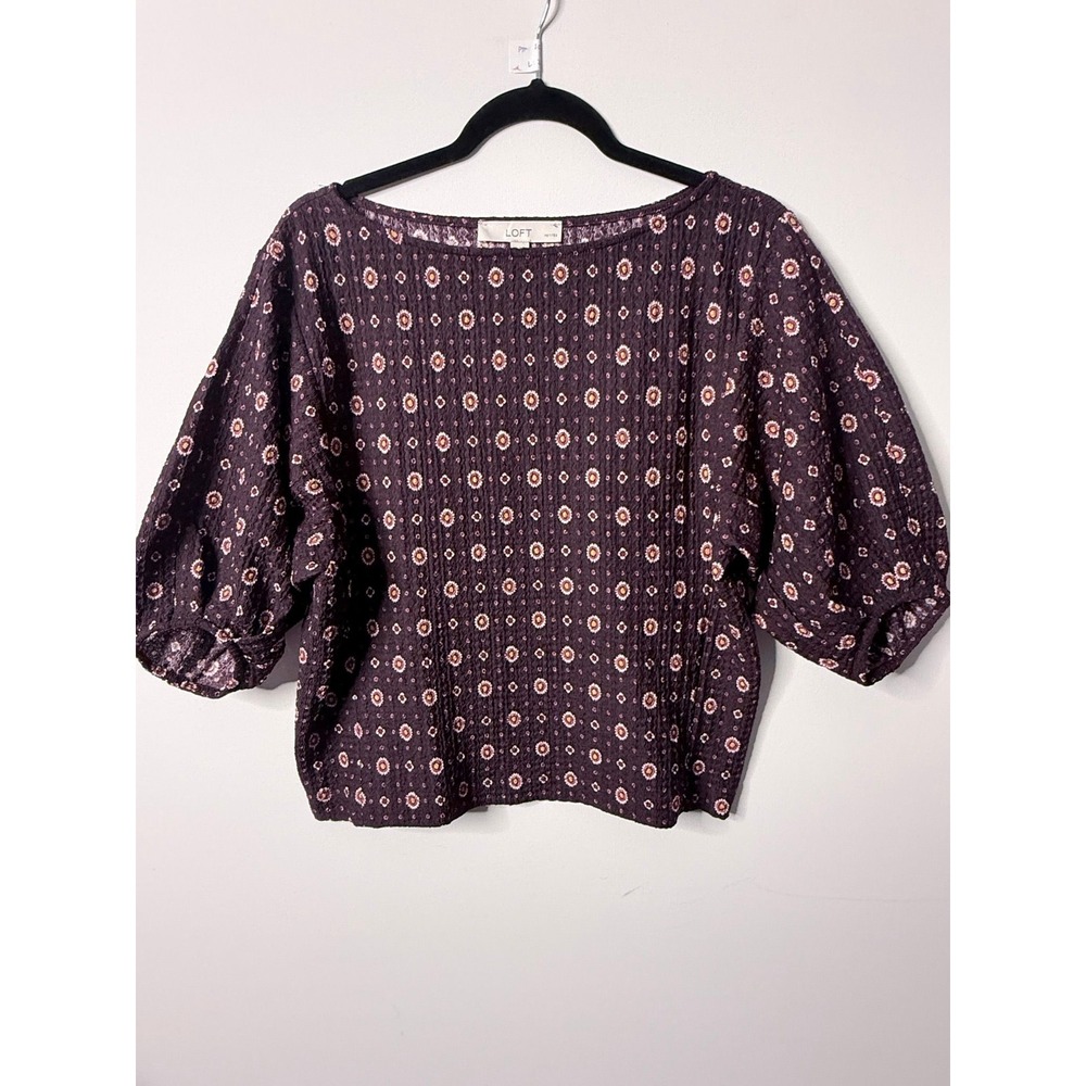 LOFT Petite Floral Textured Puff-Sleeve Blouse Plum Medium Petite